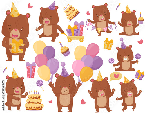 Flat vector set of happy brown bear in different actions. Funny humanized animal in party hat. Birthday theme