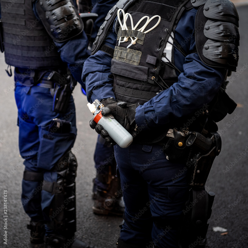 French Police officers securing the zone in front of the yellow vests movement protesters on Quai des Bateliers street woman officer with tear gas bottle ready to use it - square image, French Police officers securing the zone in front of the yellow vests movement protesters on Quai des Bateliers street woman officer with tear gas bottle ready to use it - square image,