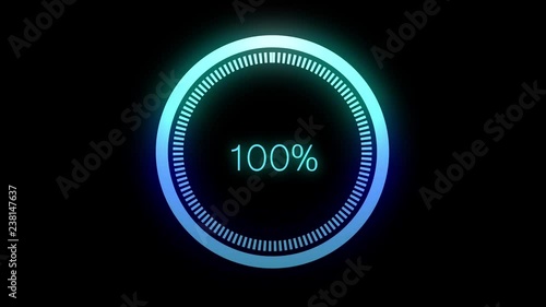 Science Futuristic Loading Circle Ring.  Loading Transfer Download Animation 0-100% in blue science effect.  light blue loading futuristic circle ring orb bar animation on black screen.