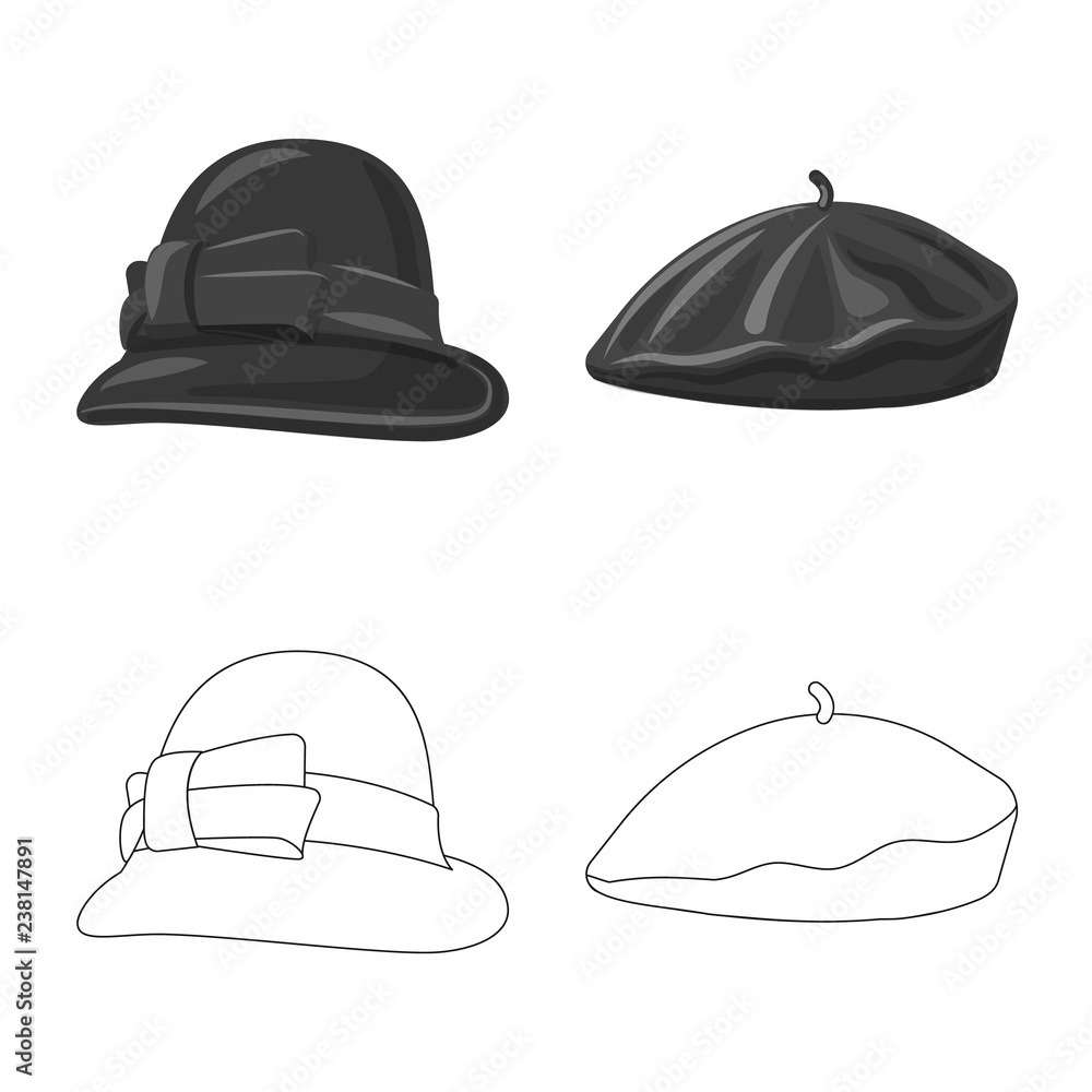 Vector illustration of headgear and cap symbol. Set of headgear and accessory stock symbol for web. Vector illustration of headgear and cap symbol. Set of headgear and accessory stock symbol for web.