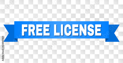 FREE LICENSE text on a ribbon. Designed with white caption and blue stripe. Vector banner with FREE LICENSE tag on a transparent background.