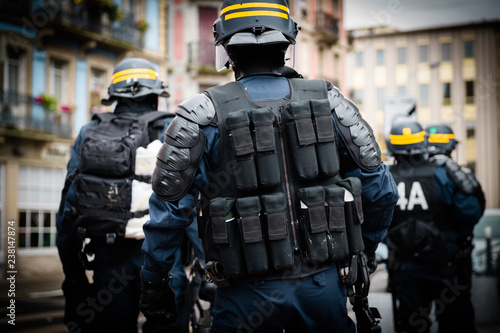 Cuadro en lienzo Rear view of police officers securing the zone in front of the Yellow vests move