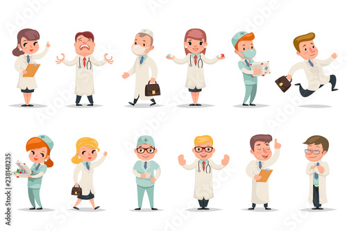 Medic different positions emotions actions doctor characters icons set retro cartoon design vector illustration