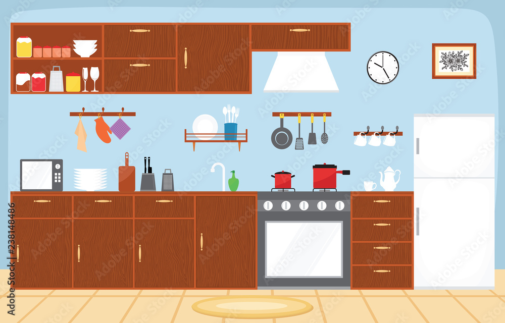 Kitchen Interior Furniture Cutlery Tableware Cooking Flat Illustration Kitchen Interior Furniture Cutlery Tableware Cooking Flat Illustration
