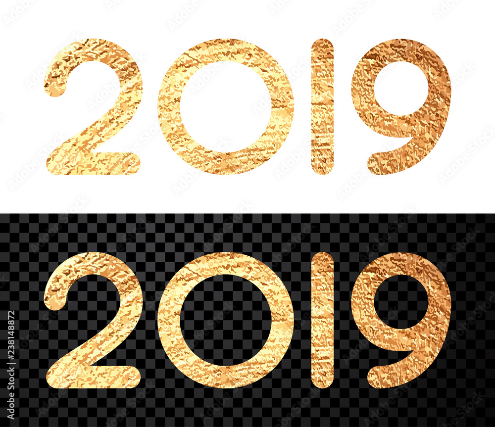 New Year 2019 sign with gold figures on white or transparent backdrop. New Year 2019 sign with gold figures on white or transparent backdrop.