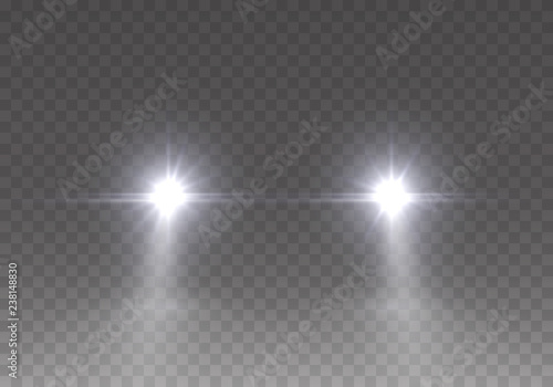 Cars headlight effect. Realistic white round flares beams isolated on transparent background. Vector bright train lights for your design.