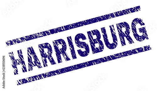 HARRISBURG seal imprint with distress style. Blue vector rubber print of HARRISBURG tag with corroded texture. Text tag is placed between parallel lines.