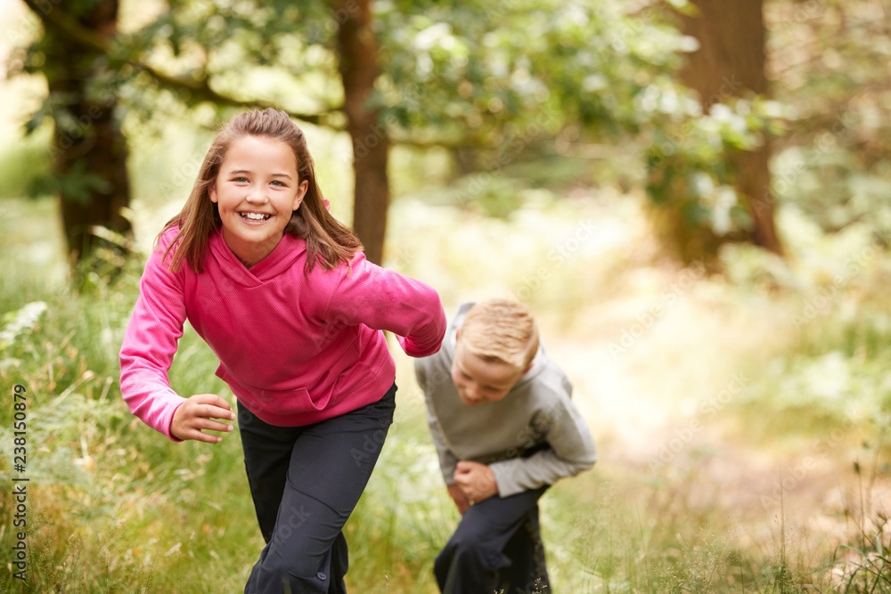 Fototapeta premium Two children walking in a forest amongst greenery smiling at camera, front view, focus on foreground