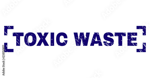 TOXIC WASTE text seal imprint with grunge texture. Text caption is placed between corners. Blue vector rubber print of TOXIC WASTE with grunge texture.