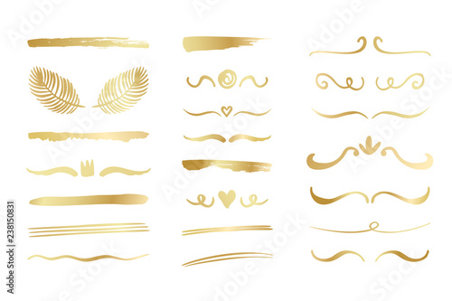 Hand drawn golden gradient borders, brackets, swirls, dividers set. Vector ink brush elements.