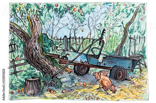 Рисунок сделанный скетч фломастером.Старая машина стоит в саду среди деревьев сада,вокруг ходят курицы.Садовый инвентарь.