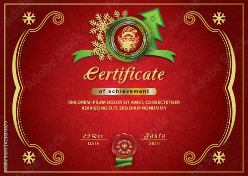 Christmas red certificate. Santa inside emblem, Xmas background