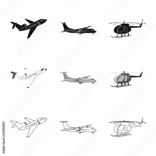 Vector illustration of plane and transport logo. Set of plane and sky vector icon for stock.