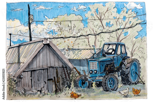 Рисунок сделанный скетч фломастером.Синий трактор стоит рядом с сараем,вокруг ходят курицы.Летний пейзаж.