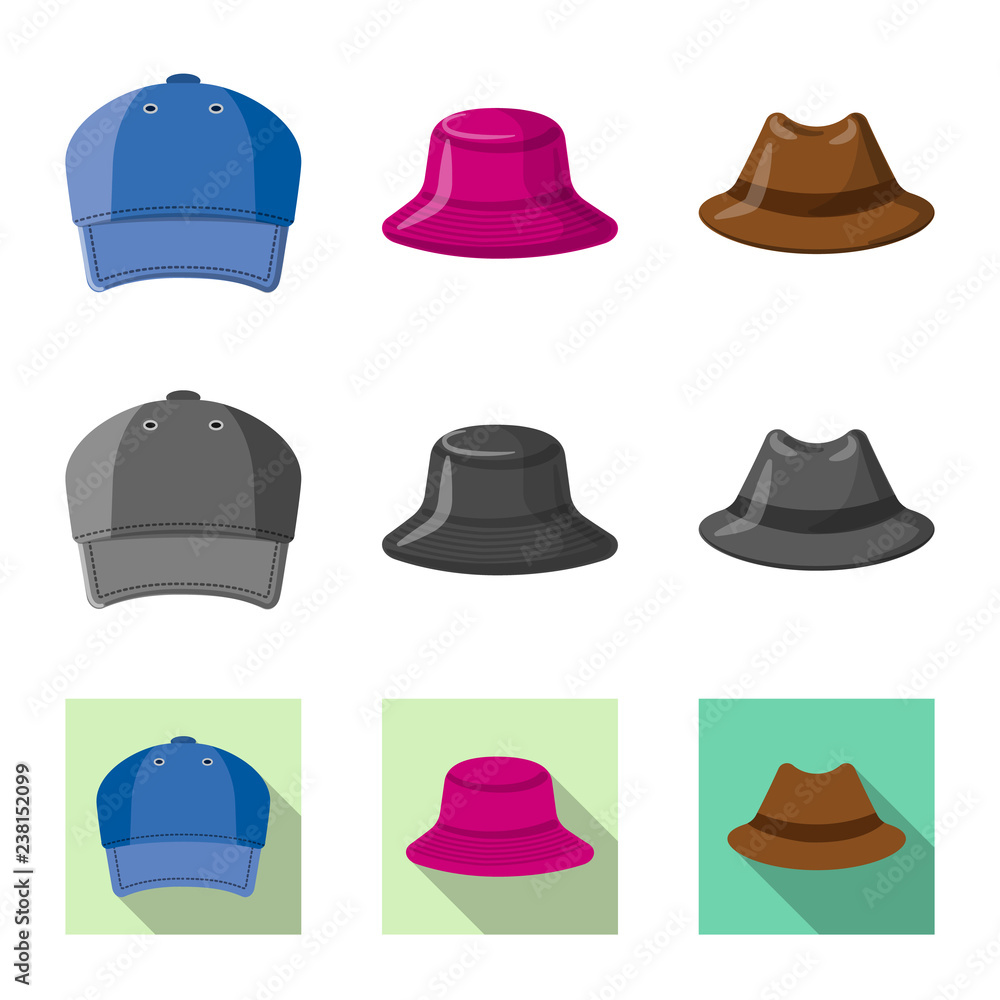Vector illustration of headgear and cap sign. Collection of headgear and accessory vector icon for stock. Vector illustration of headgear and cap sign. Collection of headgear and accessory vector icon for stock.