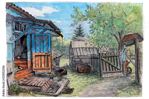 Рисунок выполнен скетч фломастером.Сельский быт.Лето в деревне.Открытая дверь крыльца.