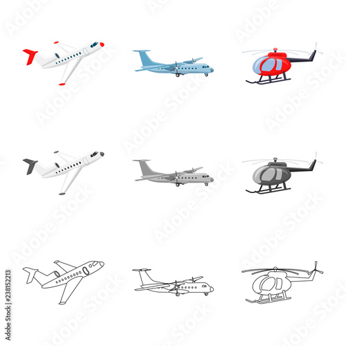 Vector design of plane and transport sign. Collection of plane and sky vector icon for stock.