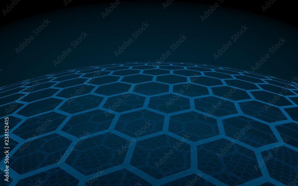 Multilayer sphere of honeycombs, blue on a dark background, social network, computer network, technology, global network. 3D illustration Multilayer sphere of honeycombs, blue on a dark background, social network, computer network, technology, global network. 3D illustration