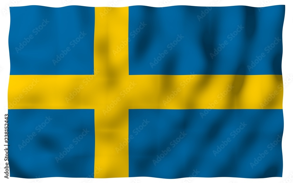 The flag of Sweden. Official state symbol of the Kingdom of Sweden. A blue field with a yellow Scandinavian cross that extends to the edges of the flag. 3d illustration The flag of Sweden. Official state symbol of the Kingdom of Sweden. A blue field with a yellow Scandinavian cross that extends to the edges of the flag. 3d illustration