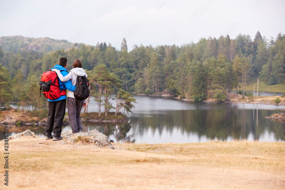 Young adult couple standing on a rock admiring the lakeside view, back view