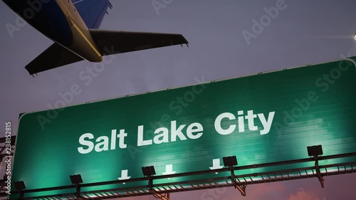 Airplane Take off Salt Lake City during a wonderful sunrise photo