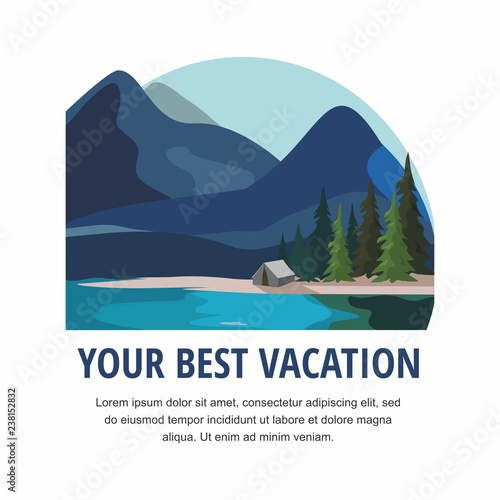 Vacation and Tourism. Mountain landscape with fir trees and river.