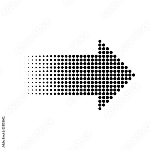 Halftone gradient dots arrow, isolated graphic element, vector illustration