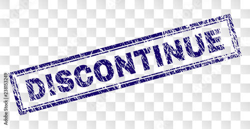 DISCONTINUE stamp seal print with rubber print style and double framed rectangle shape. Stamp is placed on a transparent background. Blue vector rubber print of DISCONTINUE title with dirty texture.