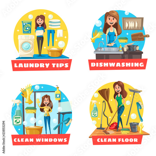 Window and floor cleaning, laundry and dishwashing