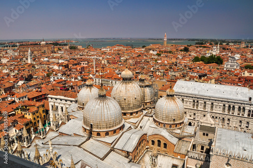 The view from the height of the sea, neighborhood and rooftops of the city of Venice