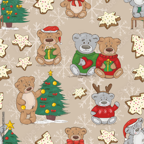 Christmas pattern with teddy bears and cookies