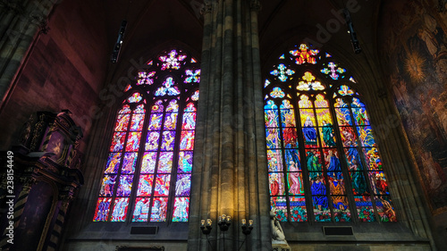 Colorful mosaic windows inside St. Vitus Cathedral at Prague Castle, Prague, Czech Republic