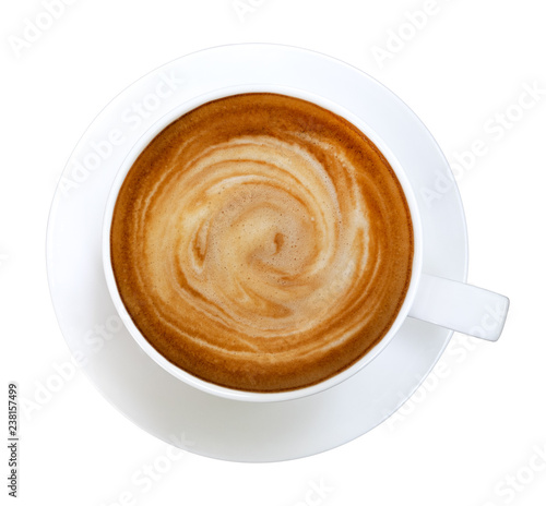 Hot coffee latte cappuccino spiral foam in ceramic cup top view isolated on white background, clipping path included
