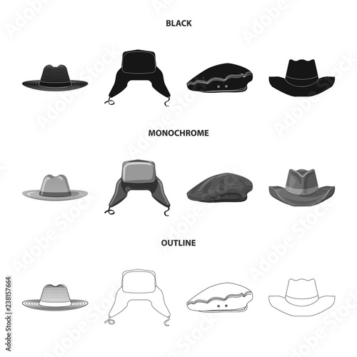 Vector illustration of headgear and cap icon. Set of headgear and accessory stock symbol for web.