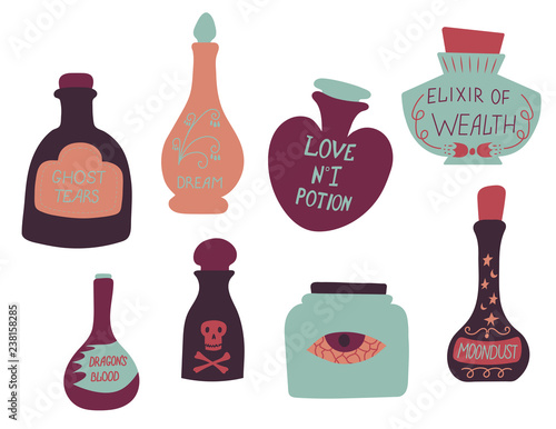 Set of colorful magic cartoon bottles and love potions. Vector illustrations of magic elixirs in flat style