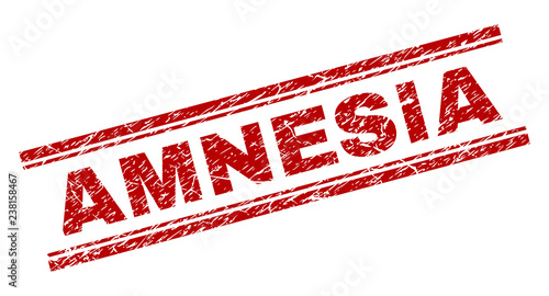 AMNESIA seal imprint with grunge effect. Red vector rubber print of AMNESIA text with grunge texture. Text tag is placed between double parallel lines.