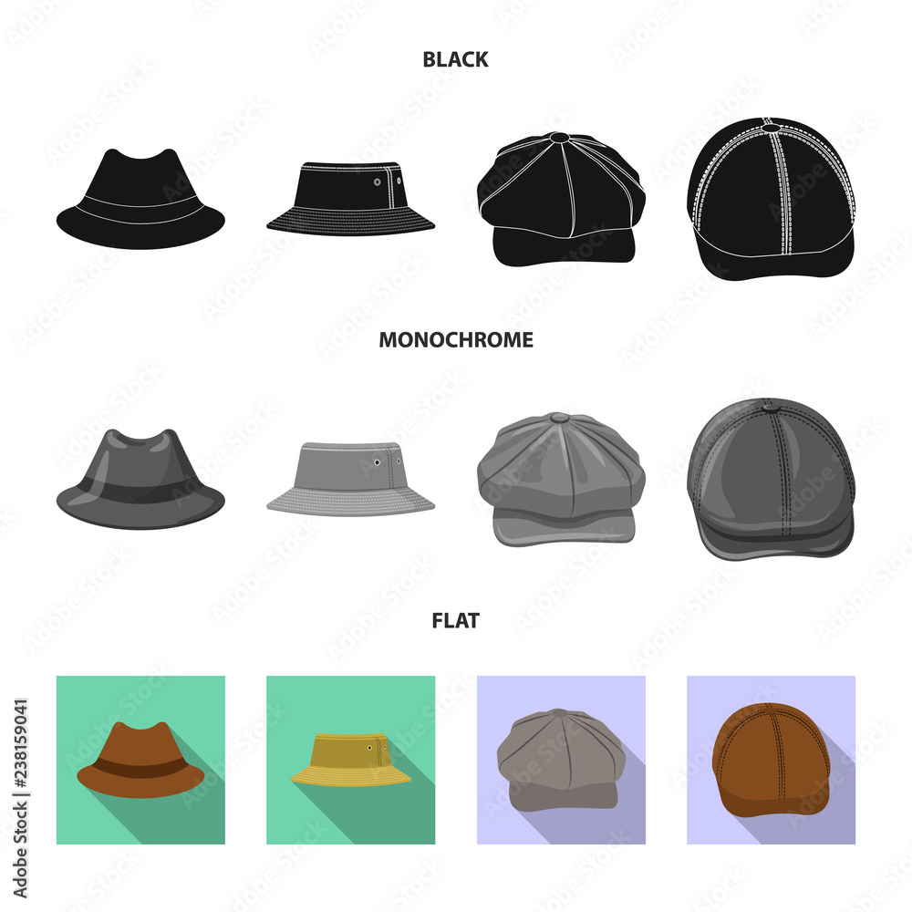 Vector illustration of headgear and cap symbol. Set of headgear and accessory vector icon for stock. Vector illustration of headgear and cap symbol. Set of headgear and accessory vector icon for stock.