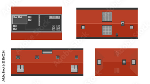 Set of buildings from above, top view. Realistic modern houses isolated on white background. City landscape elements. Simple cartoon cityscape. Flat style vector illustration.