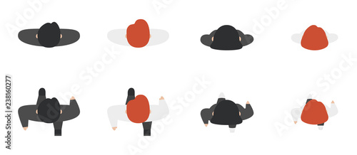 Top view of people set isolated on a white background. Men and women. View from above. Male and female characters. Simple cartoon design. Flat style vector illustration.