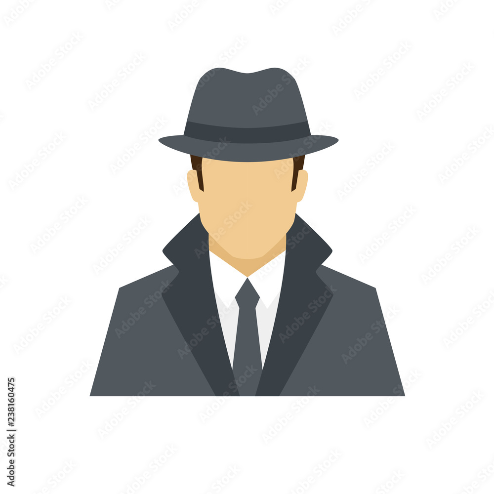 Detective avatar icon. Profession logo. Male character. A man in professional clothes. People specialists. Flat simple vector illustration.
