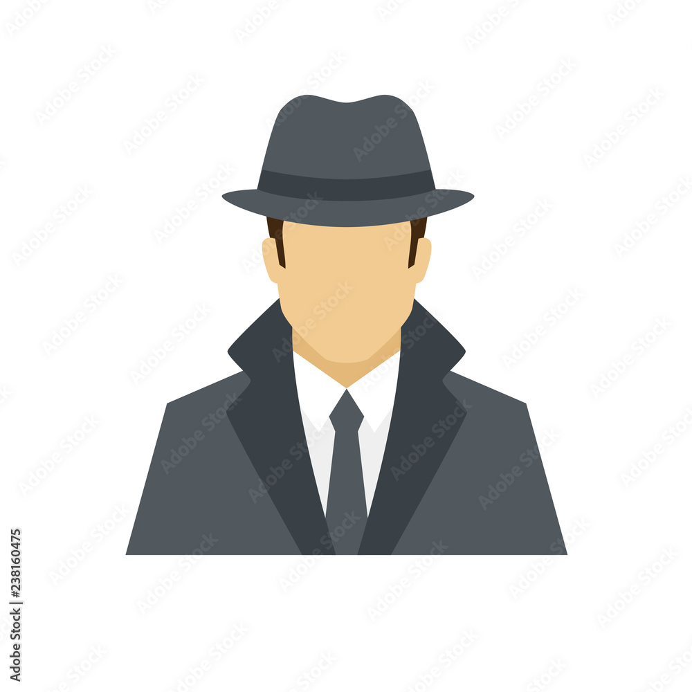 Detective avatar icon. Profession logo. Male character. A man in professional clothes. People specialists. Flat simple vector illustration. Detective avatar icon. Profession logo. Male character. A man in professional clothes. People specialists. Flat simple vector illustration.