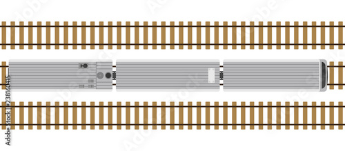 Modern train on rails isolated on white background. Railway station with wagons from above. Top view. Simple realistic style. Cartoon flat style vector illustration.