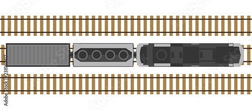 Modern train on rails isolated on white background. Railway station with wagons from above. Top view. Simple realistic style. Cartoon flat style vector illustration.