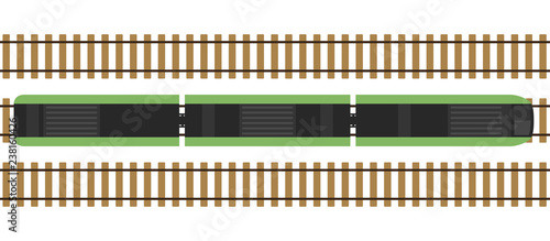 Modern train on rails isolated on white background. Railway station with wagons from above. Top view. Simple realistic style. Cartoon flat style vector illustration.