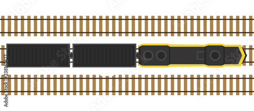 Modern train on rails isolated on white background. Railway station with wagons from above. Top view. Simple realistic style. Cartoon flat style vector illustration.