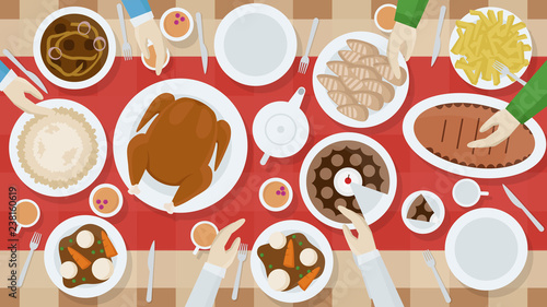 A high quality horizontal background of table with dishes and people's hands top view. Festive dinner. View from above. Simple cartoon template. Flat style vector illustration.