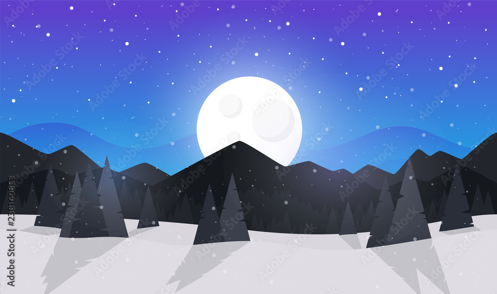 Obraz premium Winter forest. Night silhouette. Forest with fir trees and pines. Blue sky with stars and moon. Simple modern design. Template for banner or poster. Place for text. Flat style vector illustration.