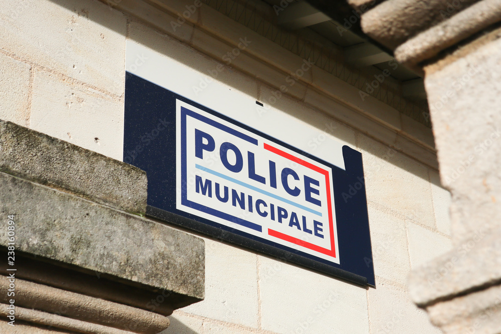 Municipal Police building and sign in France, police municipale means local police in french