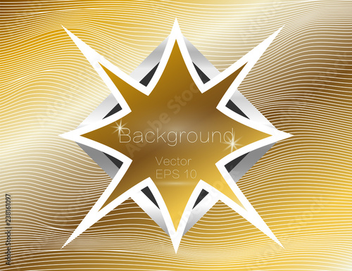 Gold wavy, lines luxury. Vector texture of gold stripes background, with dark star-shaped plate. The winding of the strip. Panel with space for text.