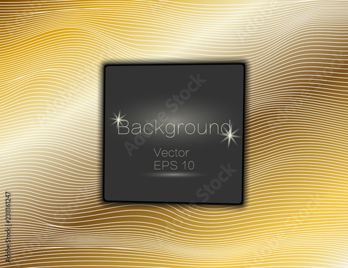 Gold wavy, lines luxury. Vector texture gold stripes background, with dark square plate. The winding of the strip. Rectangle panel with space for text.